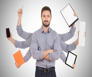 Cheerful man with office supplies in six hands, white background