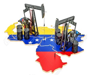 Venezuela map with oil barrels and pumpjacks. Oil production concept. 3D rendering